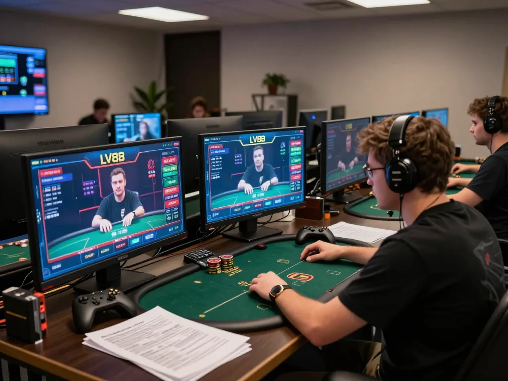 Engaging in a thrilling LV88 online poker game from a modern gaming setup at home.