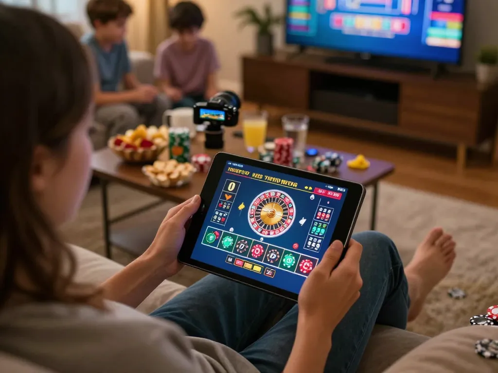 Enjoying thrilling live casino gameplay on go88 tablet from the comfort of home with vibrant visuals.
