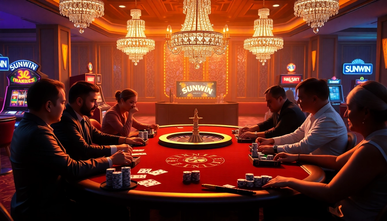 Players enjoying a thrilling poker game at SUNWIN's luxurious casino, emphasizing excitement and strategy.