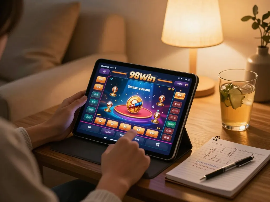 Engaged player enjoying 98win casino games on a tablet at home with strategy notes.