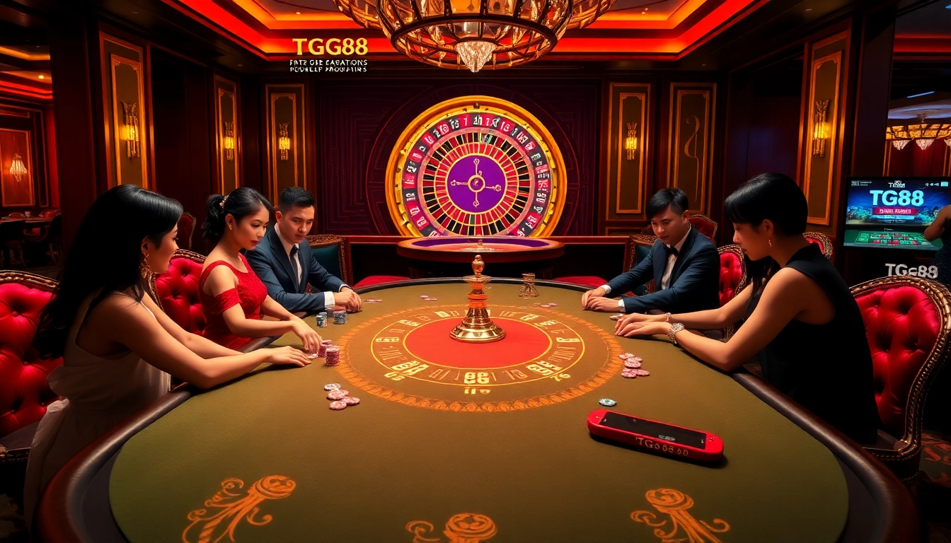 Join the excitement at tg88 with players enjoying poker and blackjack at a luxurious gaming table.