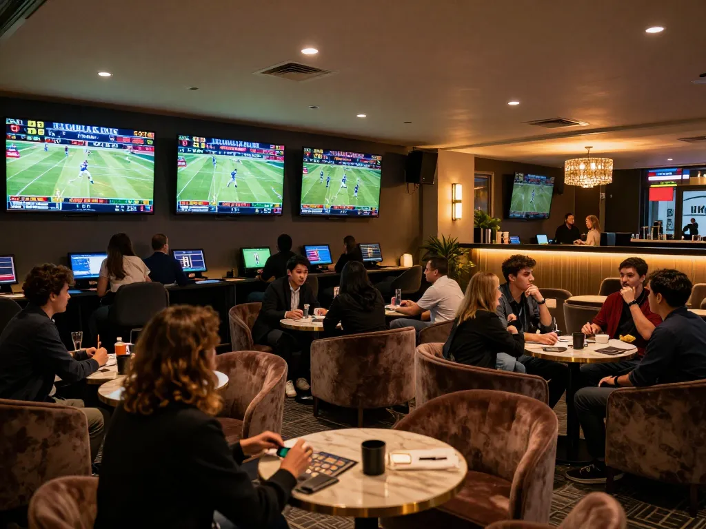 Fans placing bets at hitclub sports betting lounge with vibrant screens and stylish decor