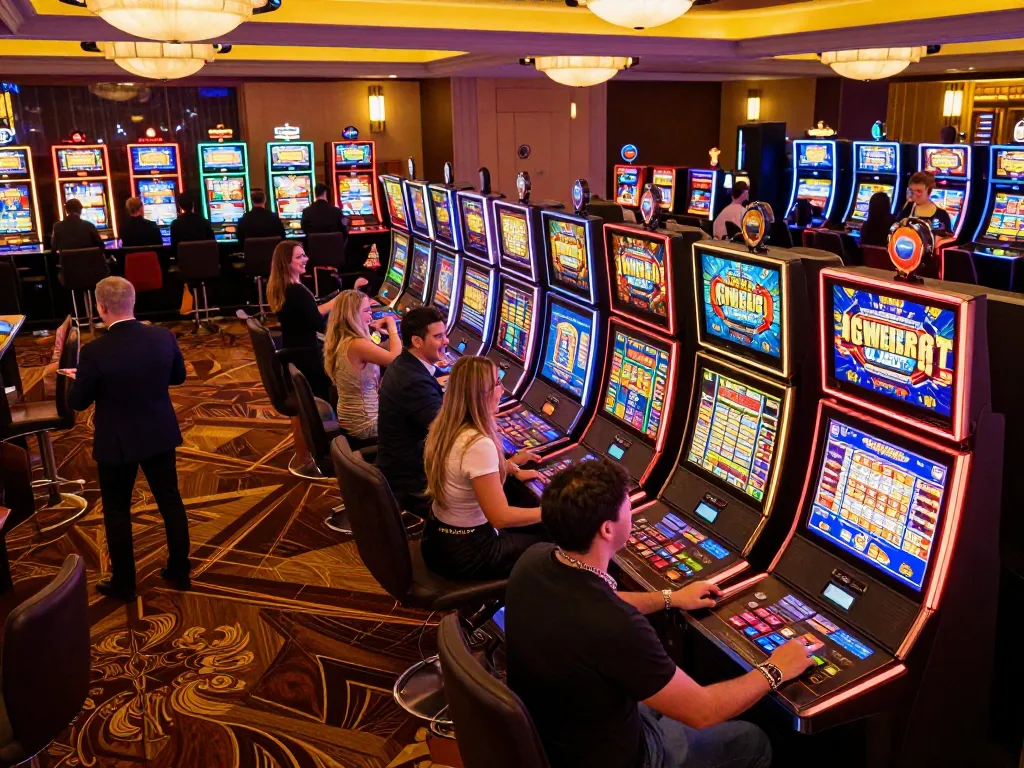 Players enjoying vibrant slot games at AX88 casino floor with celebratory atmosphere.