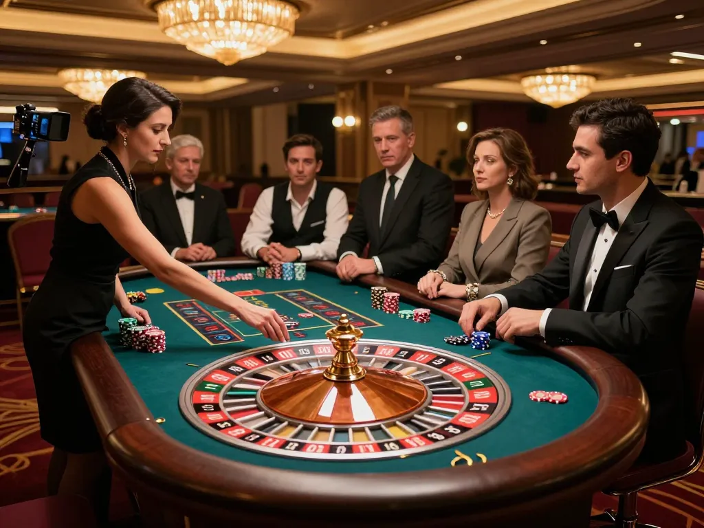 Spin the roulette wheel at onbet's luxurious casino table with vibrant lights and eager players.