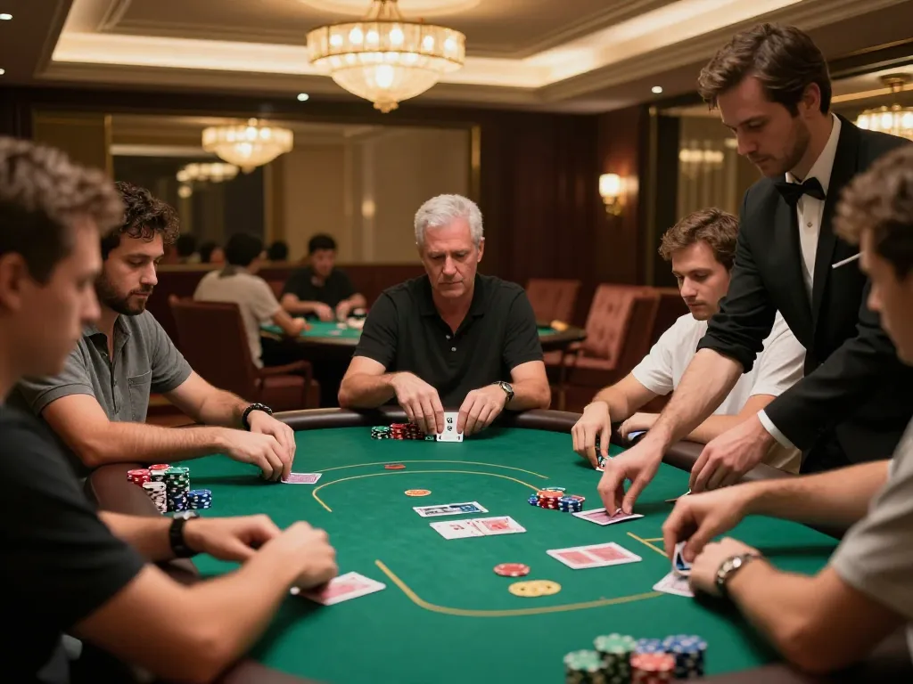 Players competing in an intense poker game at VA88 casino, showcasing vibrant chips and dealer action.