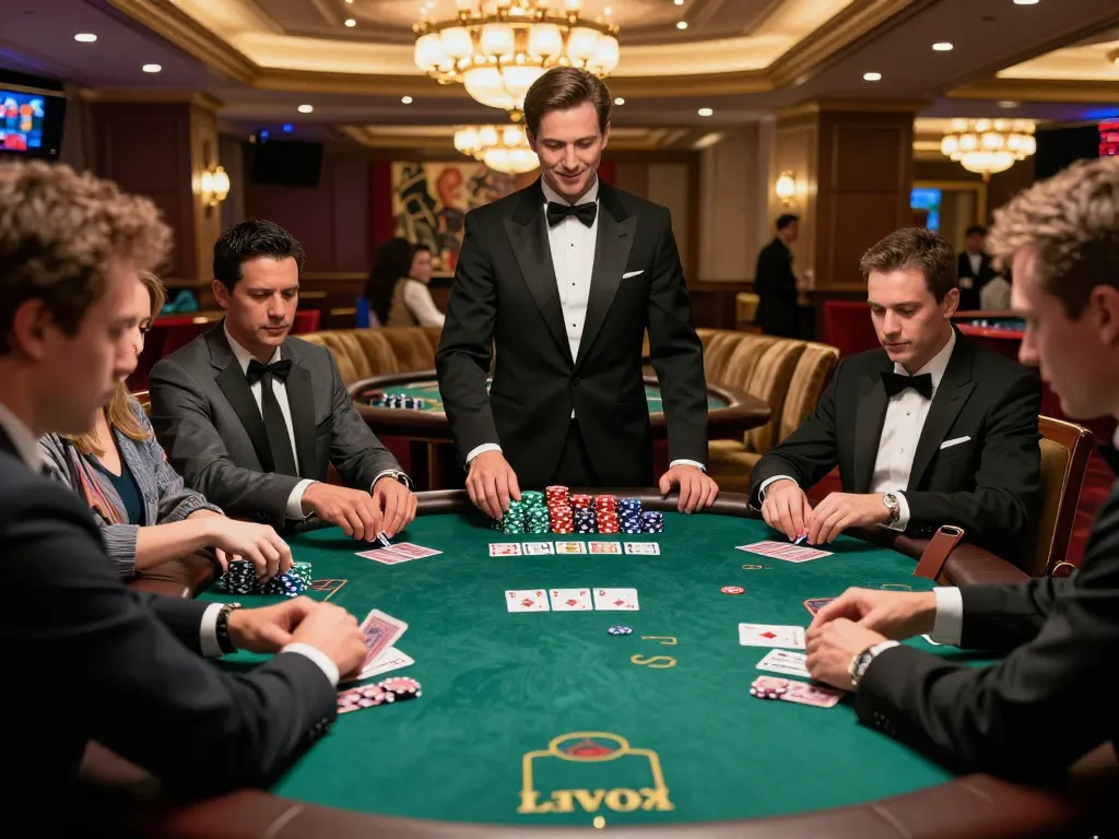 Competitive blackjack gameplay highlighting https://da88at.com/ strategic betting with players and dealer in vibrant casino.