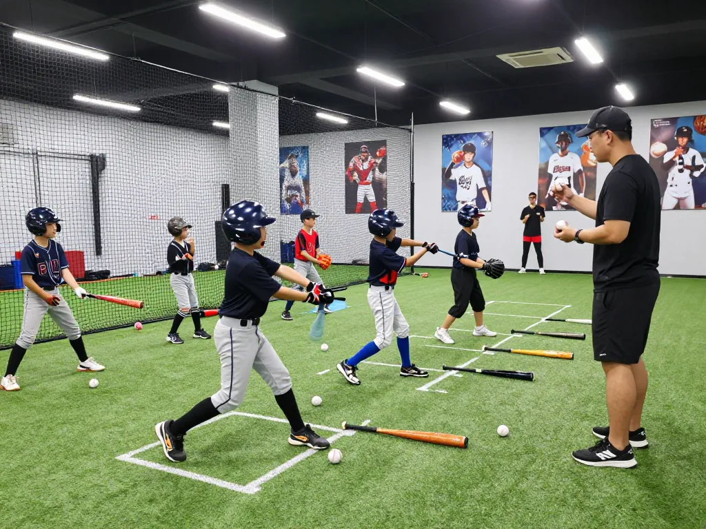 hitclub youth baseball practice scene with athletic training equipment and focused athletes