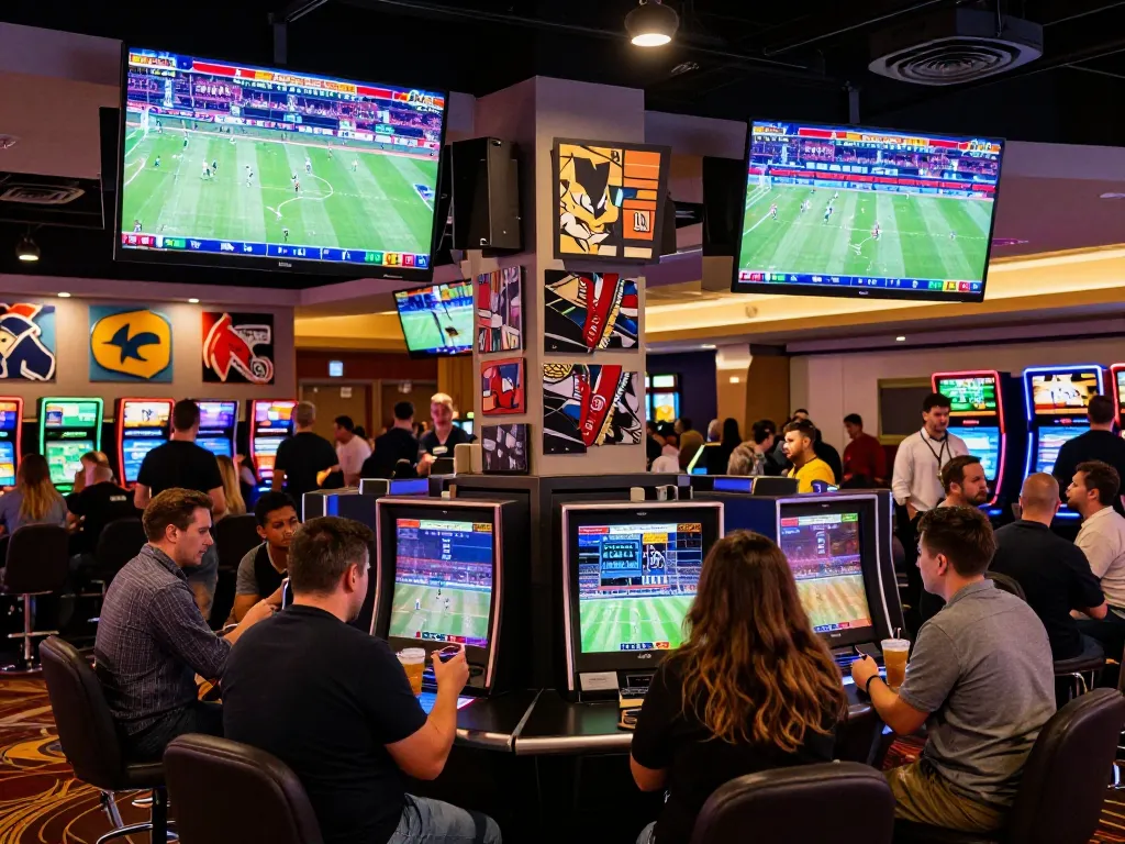 Bsport bettors engaging with live odds on screens in a dynamic casino sports betting area.