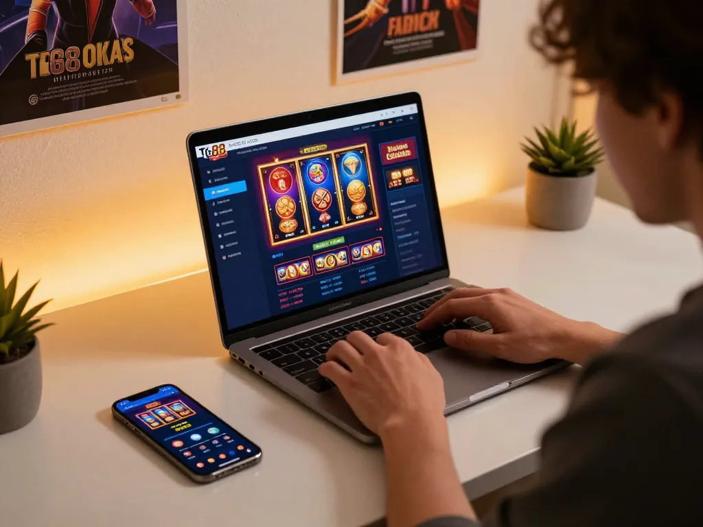 Engaged user playing on Tg88.com in a cozy online gaming setup with laptop and smartphone.