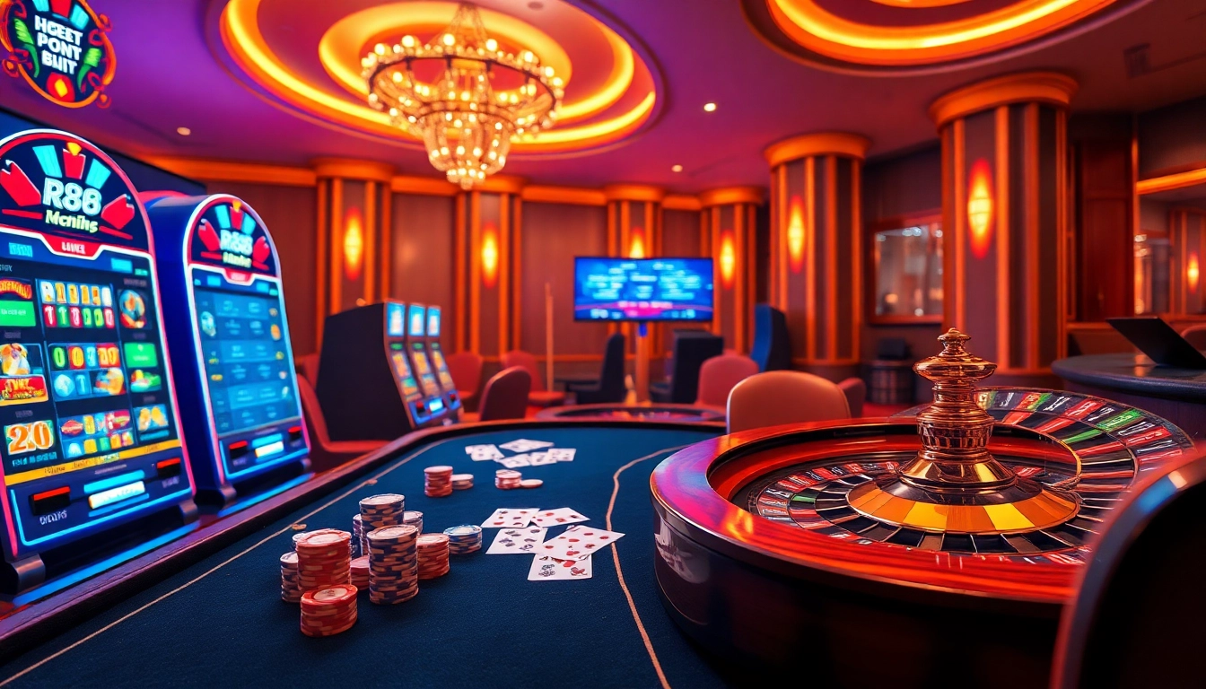 Experience the excitement of rr88 trang chính with vibrant casino elements like poker chips and slot machines.
