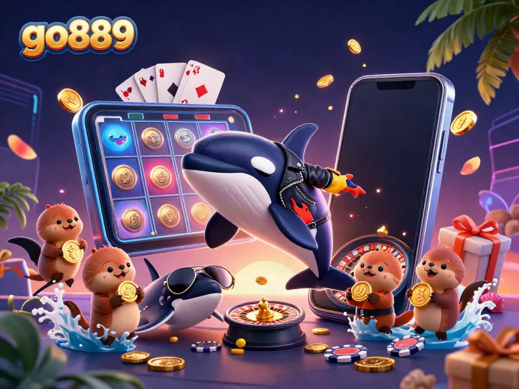 Engage with exciting games at go889, featuring an animated scene of playful characters and vibrant casino elements.