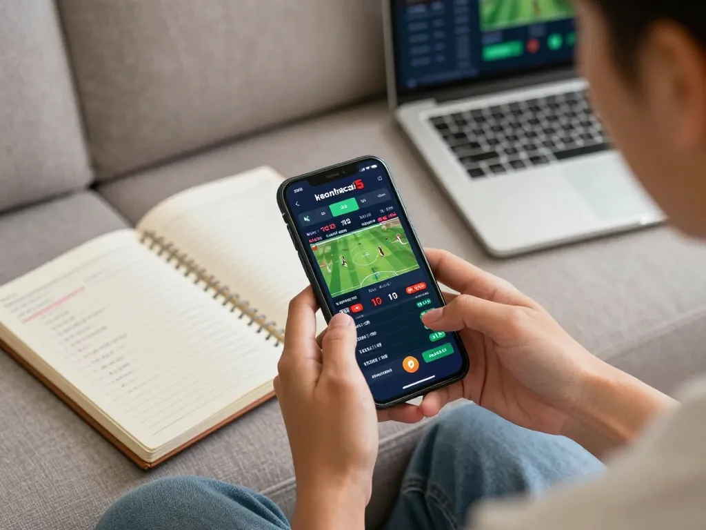 Engaged user analyzing sports odds on keonhacai5 mobile app in a cozy setting.