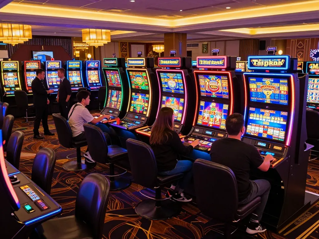 Experience engaging Pragmaticplay slots with colorful machines and lively players in an exciting casino.