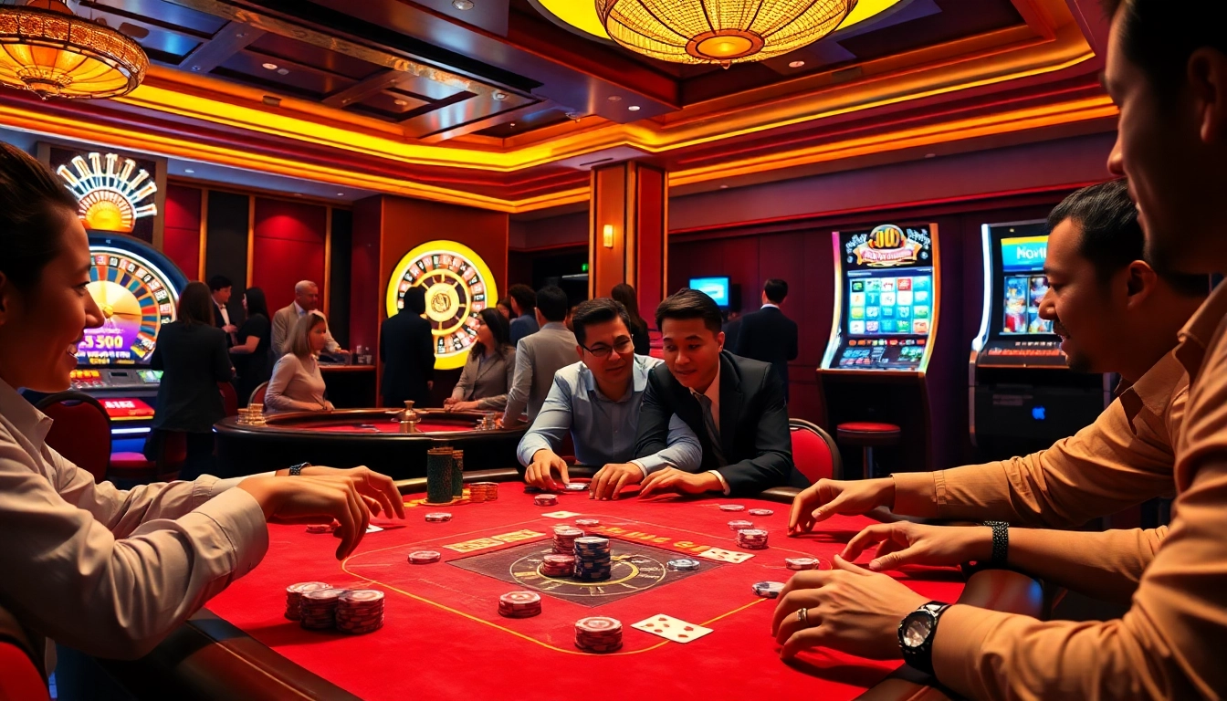 Experience the thrill of NOHU90 with players at a luxurious poker table in a vibrant casino.