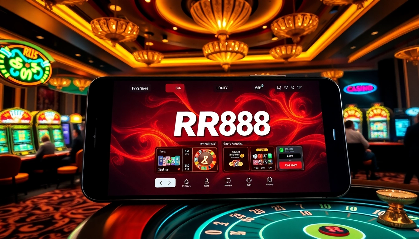 RR88 casino scene showcasing players at poker tables and vibrant slot machines.