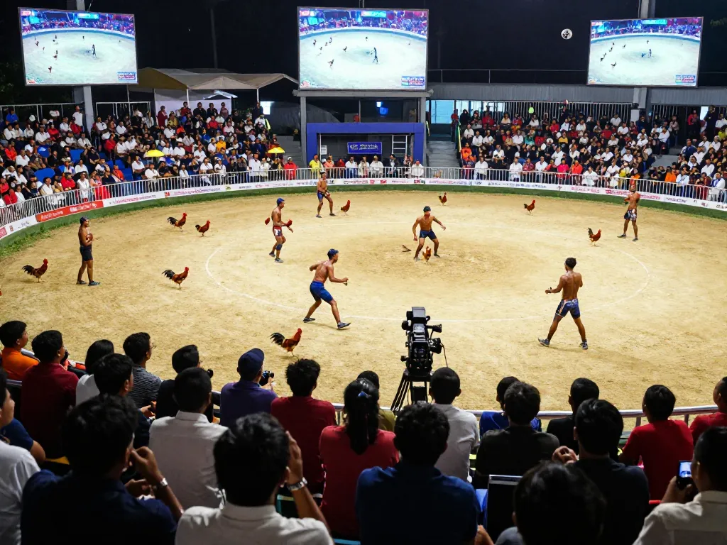 Watch thrilling Đá gà trực tiếp matches in a vibrant setting, capturing the excitement of live cockfighting.
