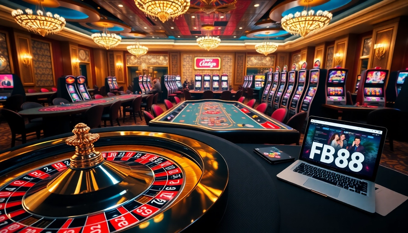 Players enjoying high-stakes games at FB88 casino, featuring roulette and poker more.