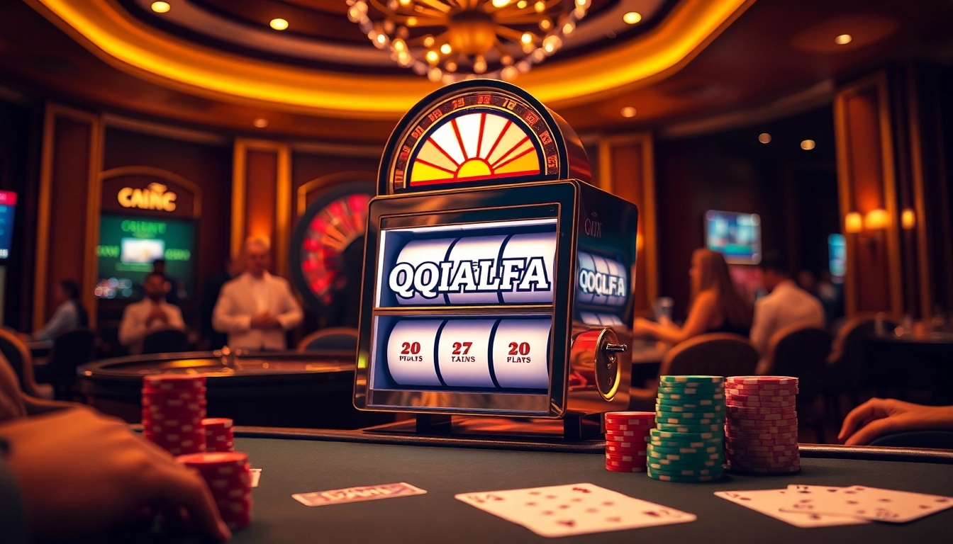 Experience thrilling wins at QQALFA's vibrant casino featuring glowing slot machines and colorful poker chips.