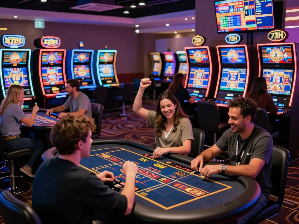Excited players engaging with games at 73H online casino, showcasing vibrant atmosphere and modern gaming experience.