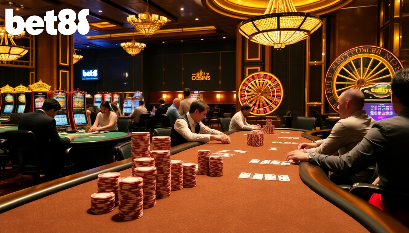 Experience high-stakes gaming at Bet88's luxurious casino with vibrant slot machines and engaged players.