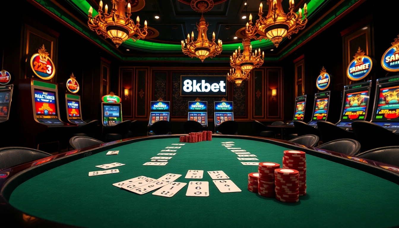 Experience thrilling high-stakes poker action at 8kbet with stacked chips and vibrant casino atmosphere.