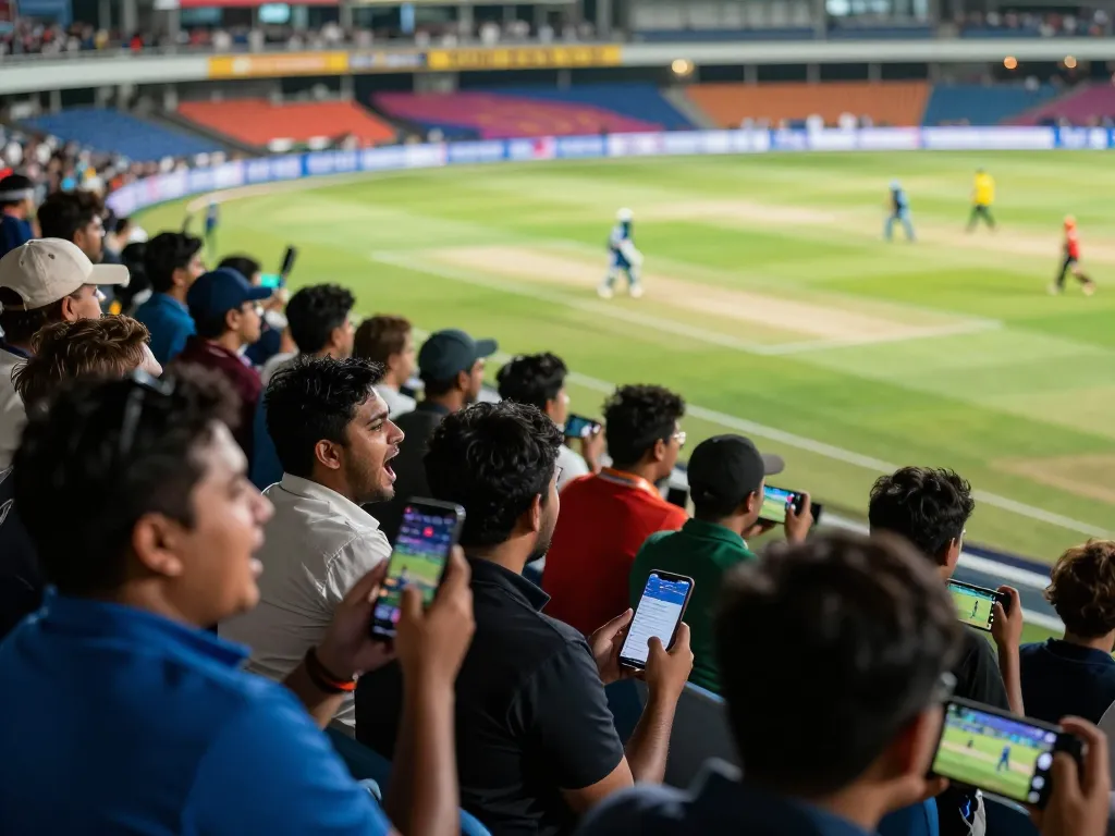 TWIN68 users placing bets online while watching a live cricket match, showcasing dynamic engagement.