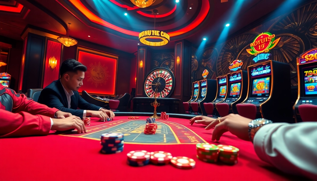 NOHU90 casino scene showcasing intense poker game with vibrant chips and roulette.