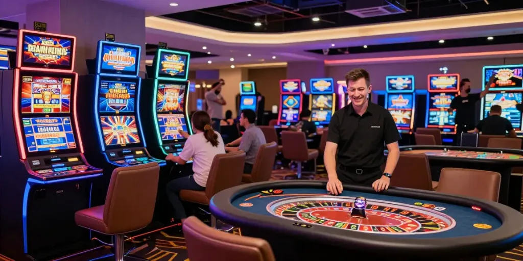 Exciting online casino not on gamstop gaming setup with players and vibrant lights.