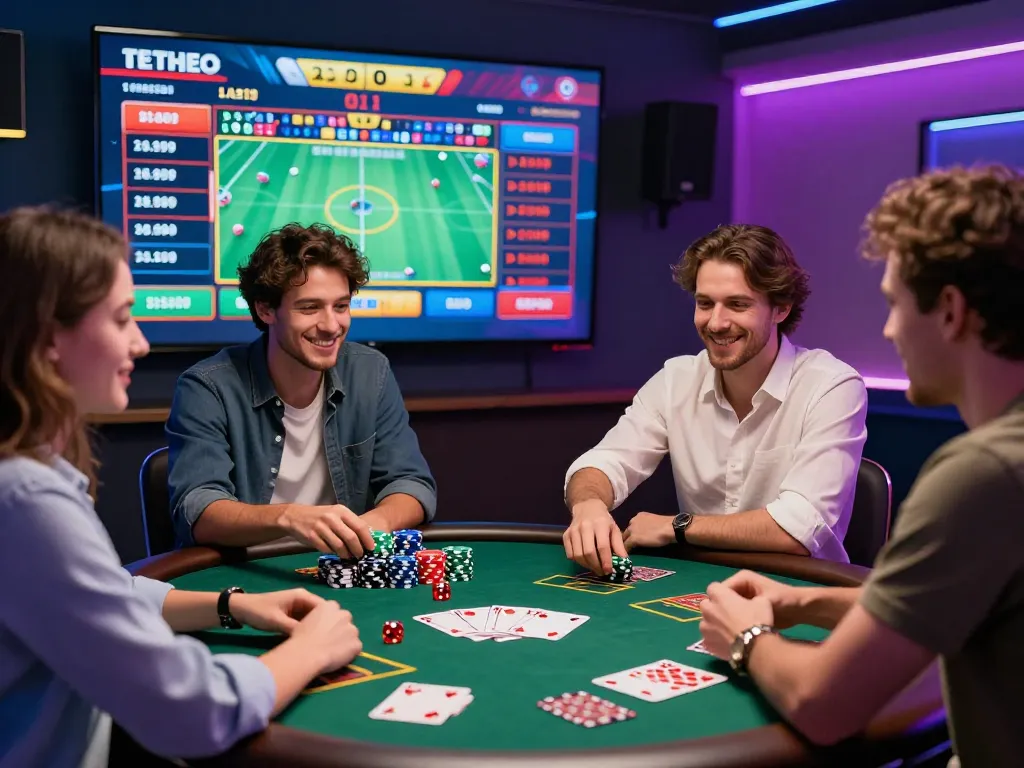 Engaging scene of friends enjoying bet789 online gambling with live sports and casino games.