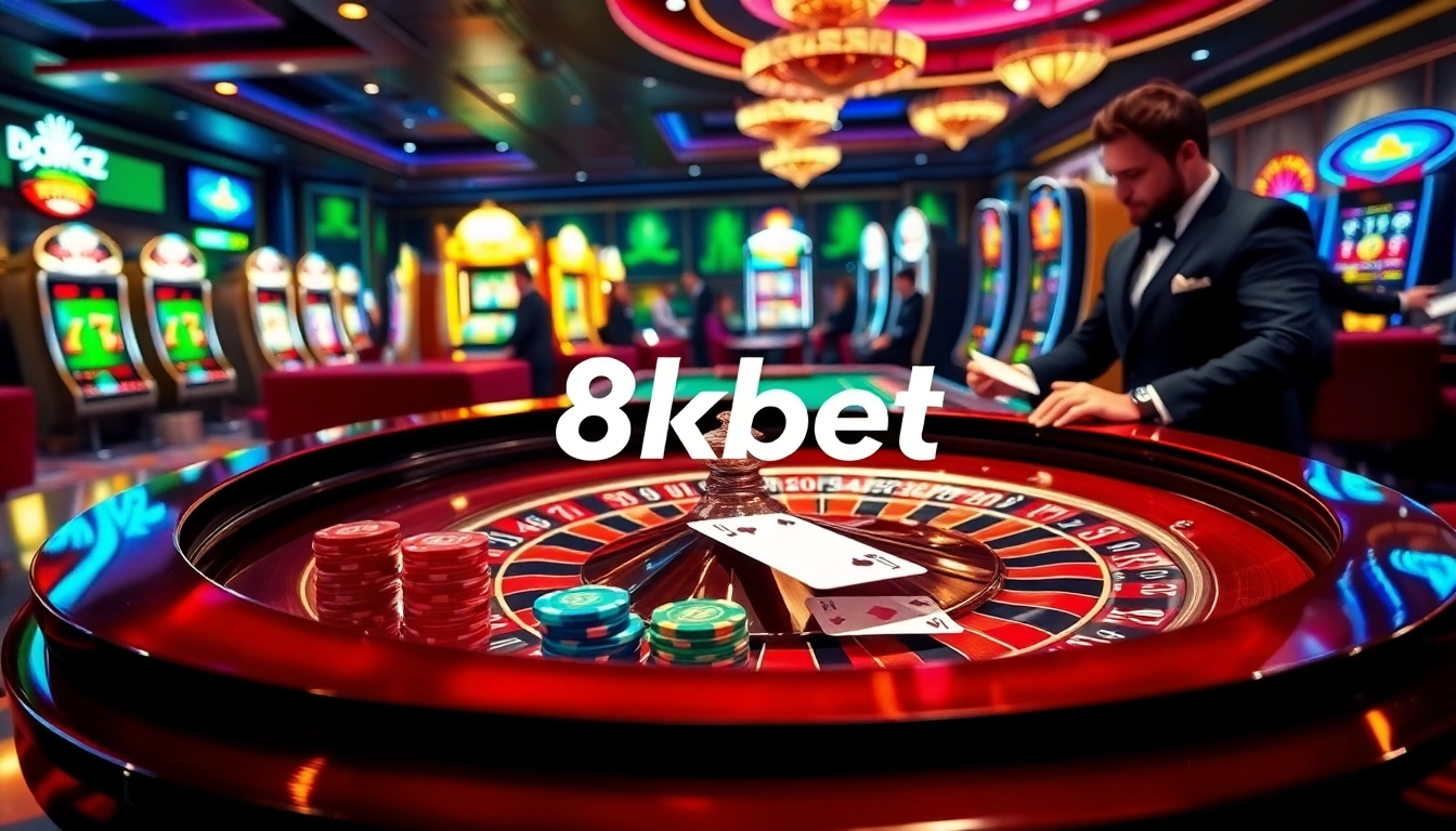Engage in thrilling gameplay at 8kbet with vibrant casino tables and slot machines.
