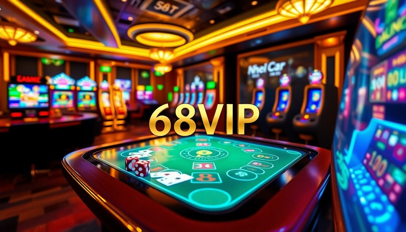 Experience the thrill of Nhà Cái 68VIP with an immersive casino gaming scene showcasing digital tables and vibrant visuals.
