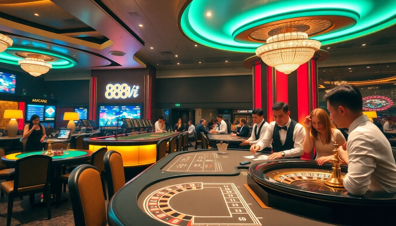 An engaging casino scene reflecting gameplay at https://888vi.com.co/ with professional dealers and excited players.
