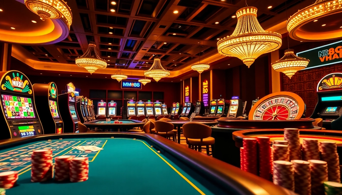 Vibrant casino gaming scene featuring MM88 poker tables and slot machines.