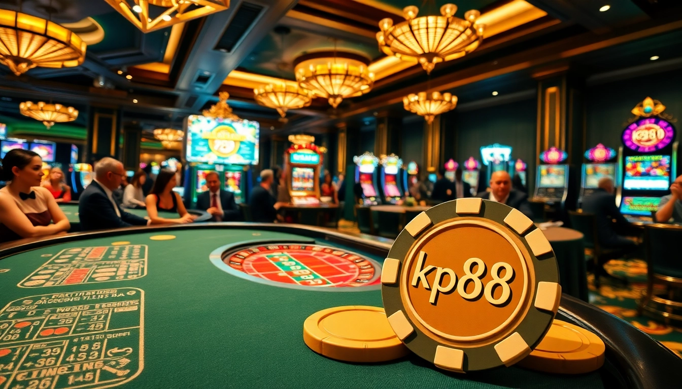 Engaging in a kp88 bet at a luxury casino table with vibrant atmosphere and exciting gameplay.