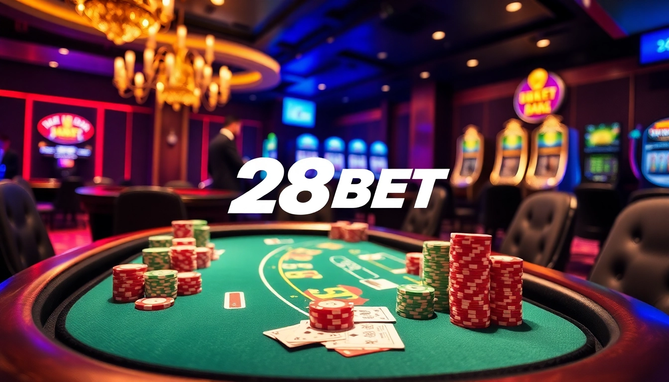 Experience high-stakes gaming excitement with 28BET at a luxurious poker table.