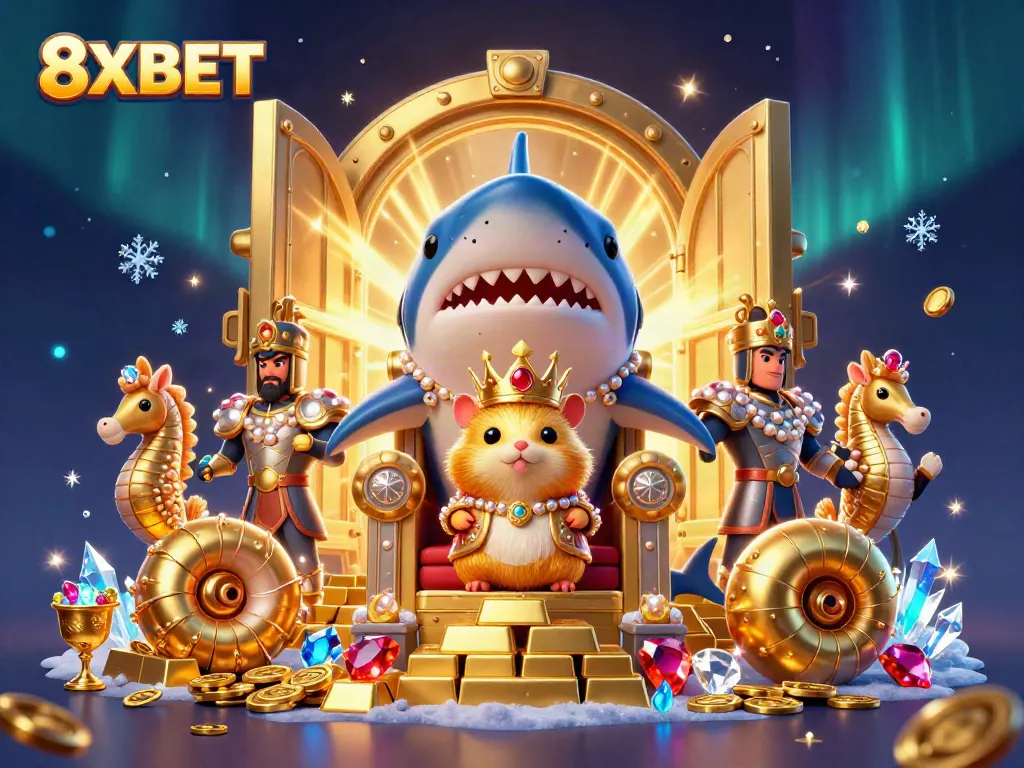 Engage in exhilarating wins at 8XBET with a dynamic scene featuring the golden hamster king ruling his treasure-filled kingdom.