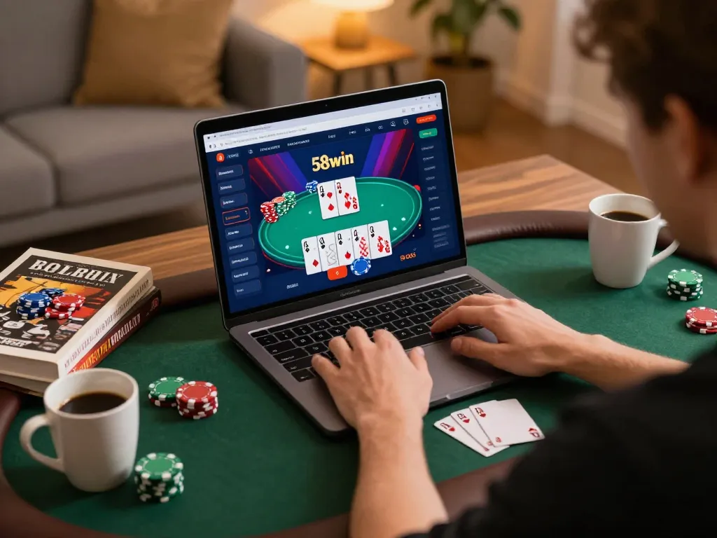 Engaging gameplay on 58win online casino with colorful poker interface showing cards and chips.