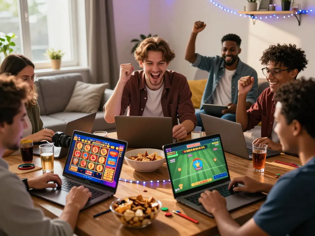 A group of friends enjoying an engaging online gaming session at https://open88.supply/ with laptops and mobile devices, celebrating wins in a cozy, vibrant living room.