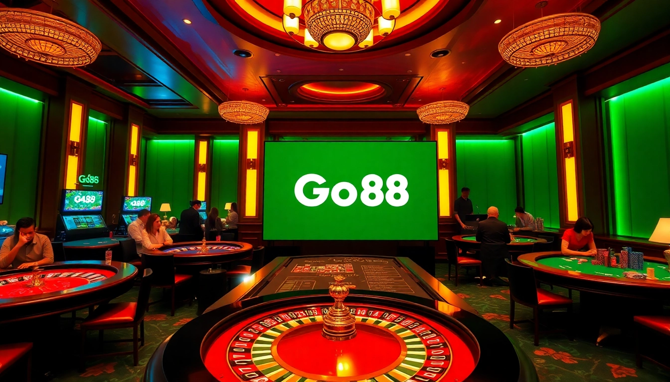 Engaging scene at Go88, featuring casino tables, poker chips, and vibrant roulette wheels.