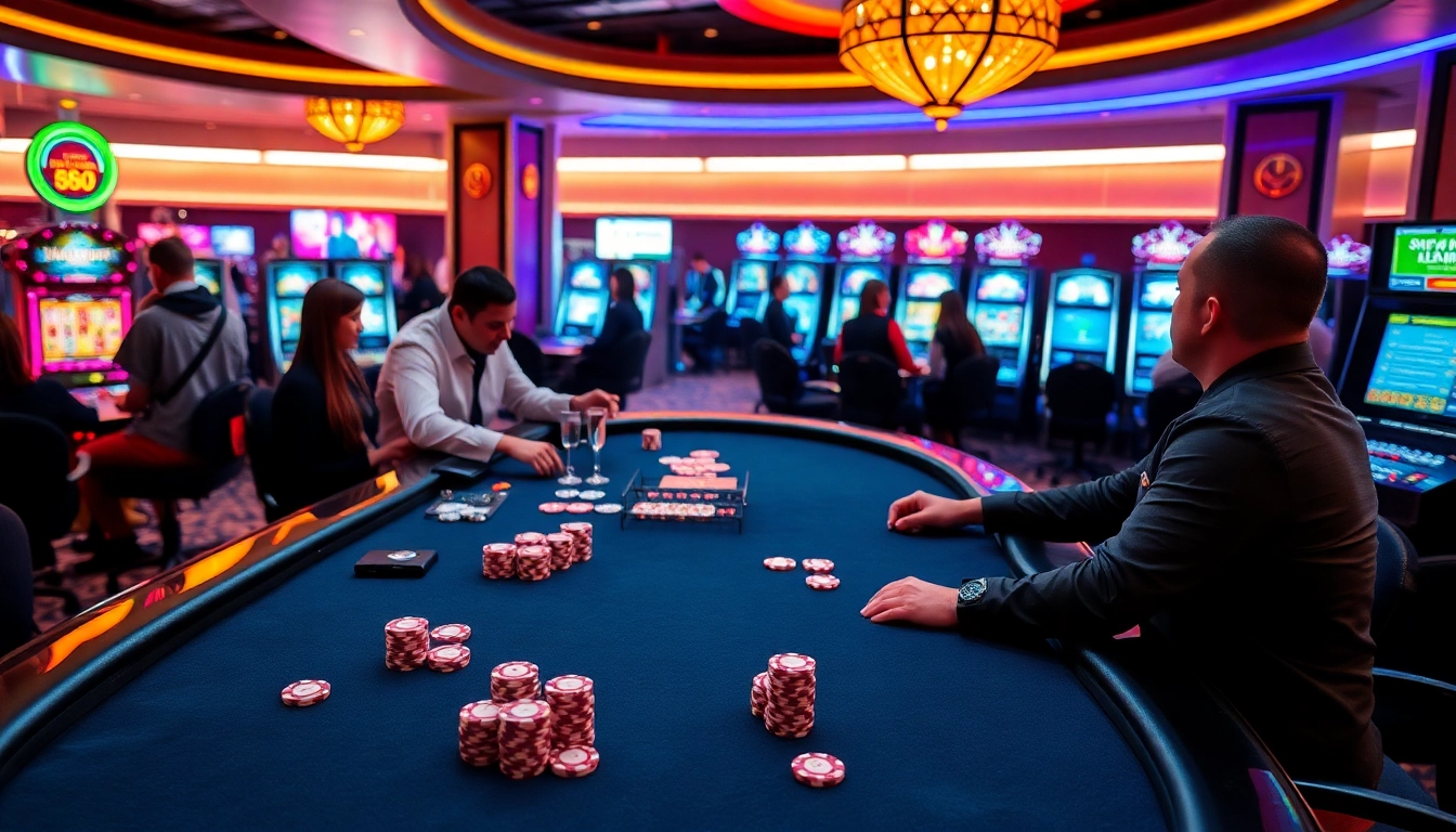 Exciting LC88 casino atmosphere with players at a poker table and colorful slot machines.