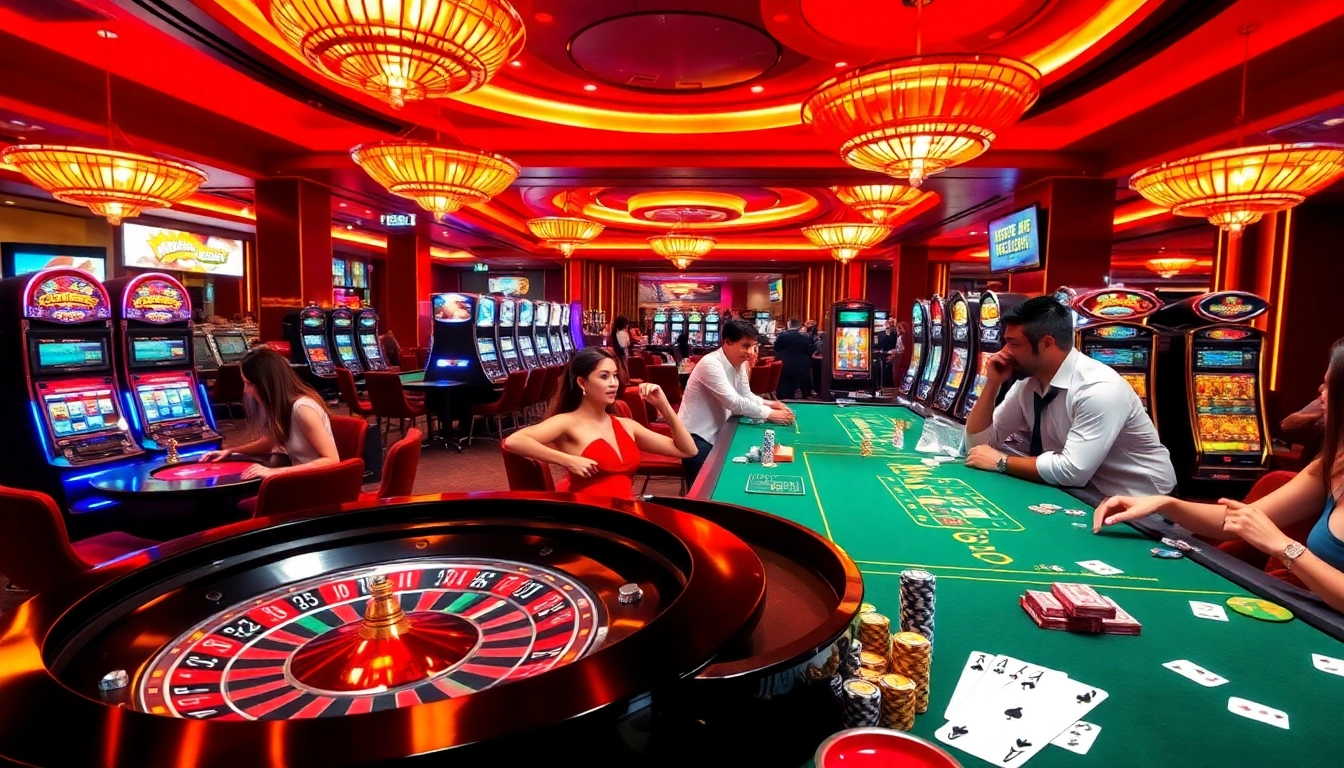 A thrilling casino scene with players engaging in high-stakes games and vibrant slot machines at https://bem88.com، reflecting excitement and luxury.