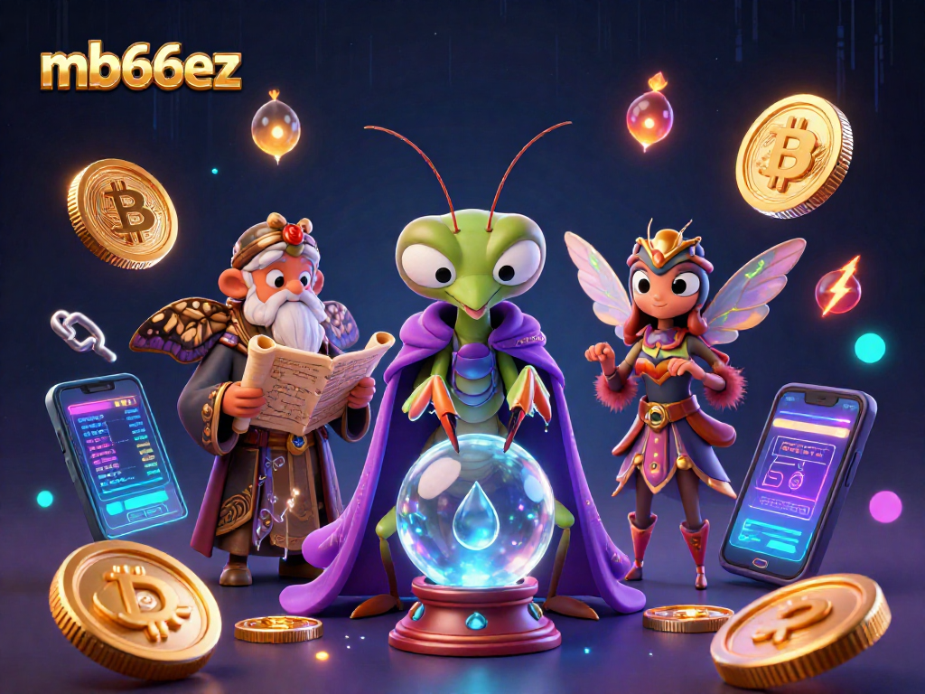 Experience the magic of mb66ez with a mystical fortune teller and crypto symbols in this dynamic casino scene.
