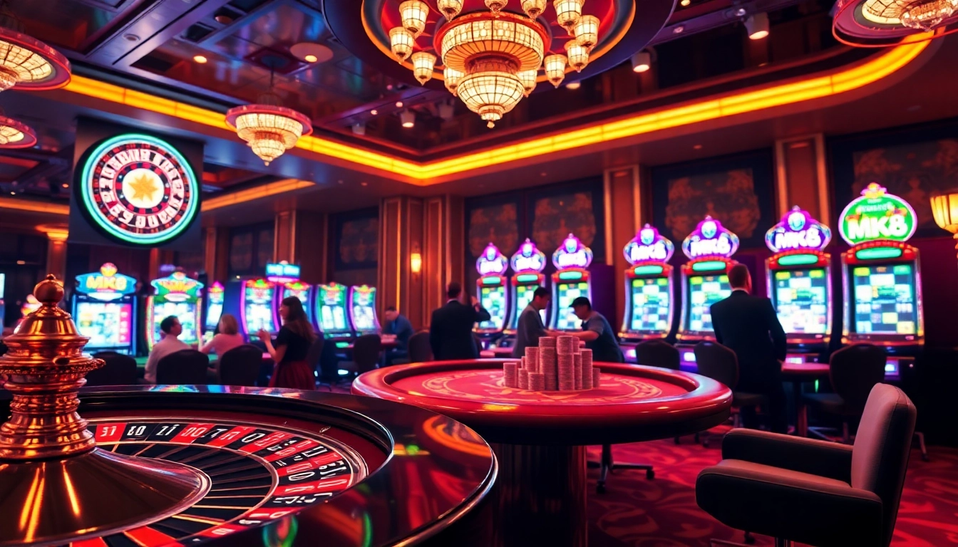 Players celebrating big wins at the casino with MK8 themed slot machines and poker tables.
