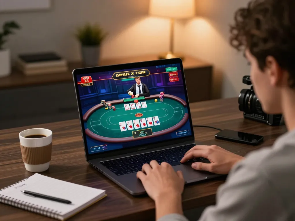 Experience mb66 gaming strategies with a player engaged in online poker at a stylish desk setup.