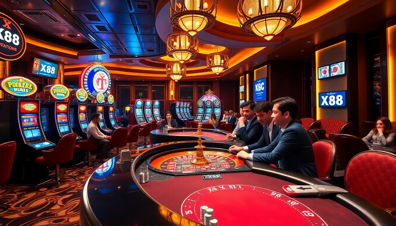 KJC XX88 players enjoying a luxurious casino experience with vibrant slot machines and engaging poker tables.