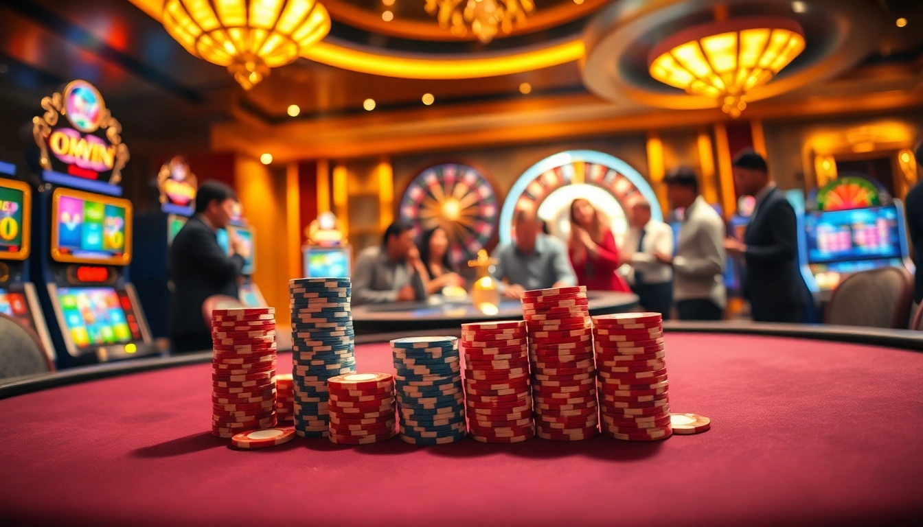 Experience the thrill of winning at okwin with a glamorous casino scene filled with poker chips and slot machines.