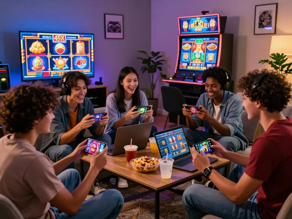 Friends enjoying slot games on 45X platform in a cozy living room setting, showcasing excitement and gaming spirit.