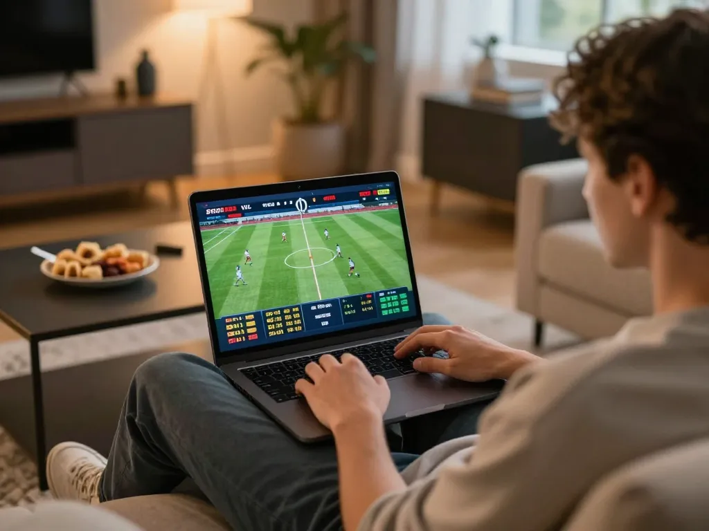 Engaged user utilizing an online betting platform at home, showcasing nhà cái uy tín for sports betting.