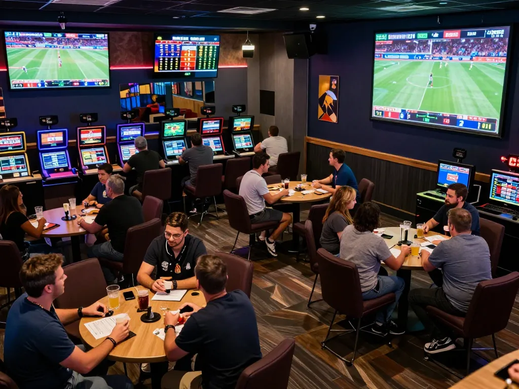 Excited patrons placing bets and watching live sports at 9bet.works vibrant sports betting lounge.