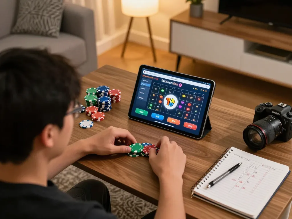 Engaging in Tài Xỉu online gaming at taixiuonline8 with strategic notes and tablet interface